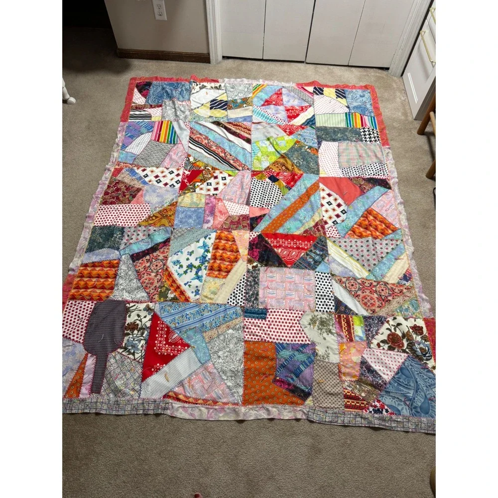 Vtg 70's Handmade Polyester Crazy Multi Color Patchwork Quilt Double Knit 66x86